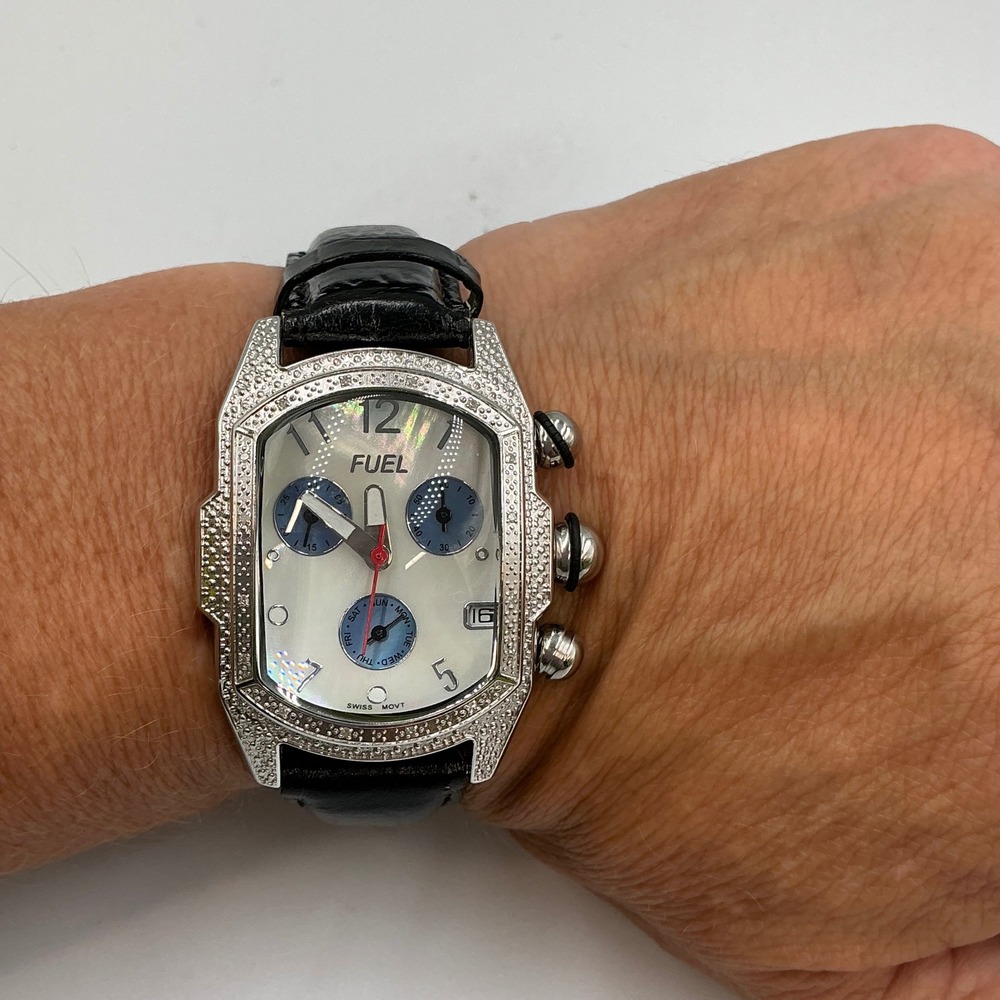 FUEL Swiss Movt LST6077L Mother of Pearl Diamond Accent Women's Watch Black Band